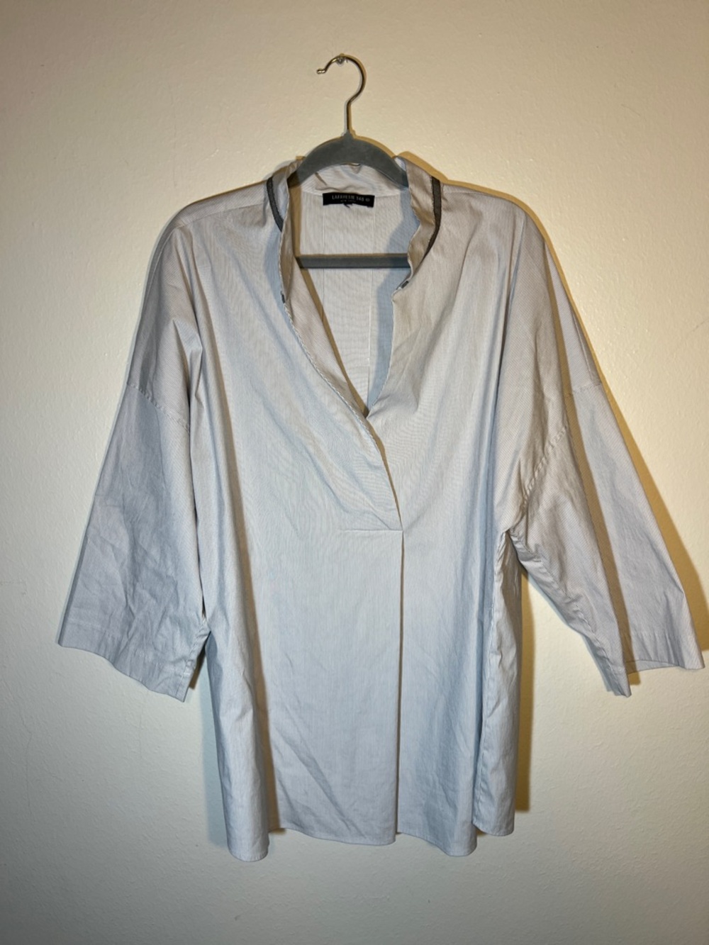 Lafayette 148 New York White Grey Pin Stripe Oversize 3/4 Sleeve Cotton Tunic 3X